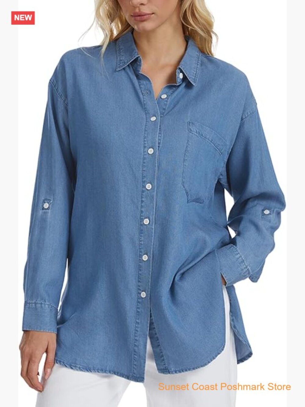 Women's Relaxed Fit Denim Button Down Shirt Long Sleeve Lightweight Lyocell